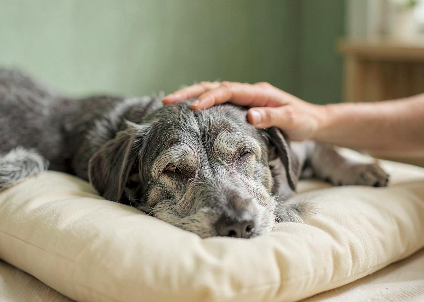 Alter Hund liegt entspannt auf einem cremefarbenen Kissen und wird gestreichelt