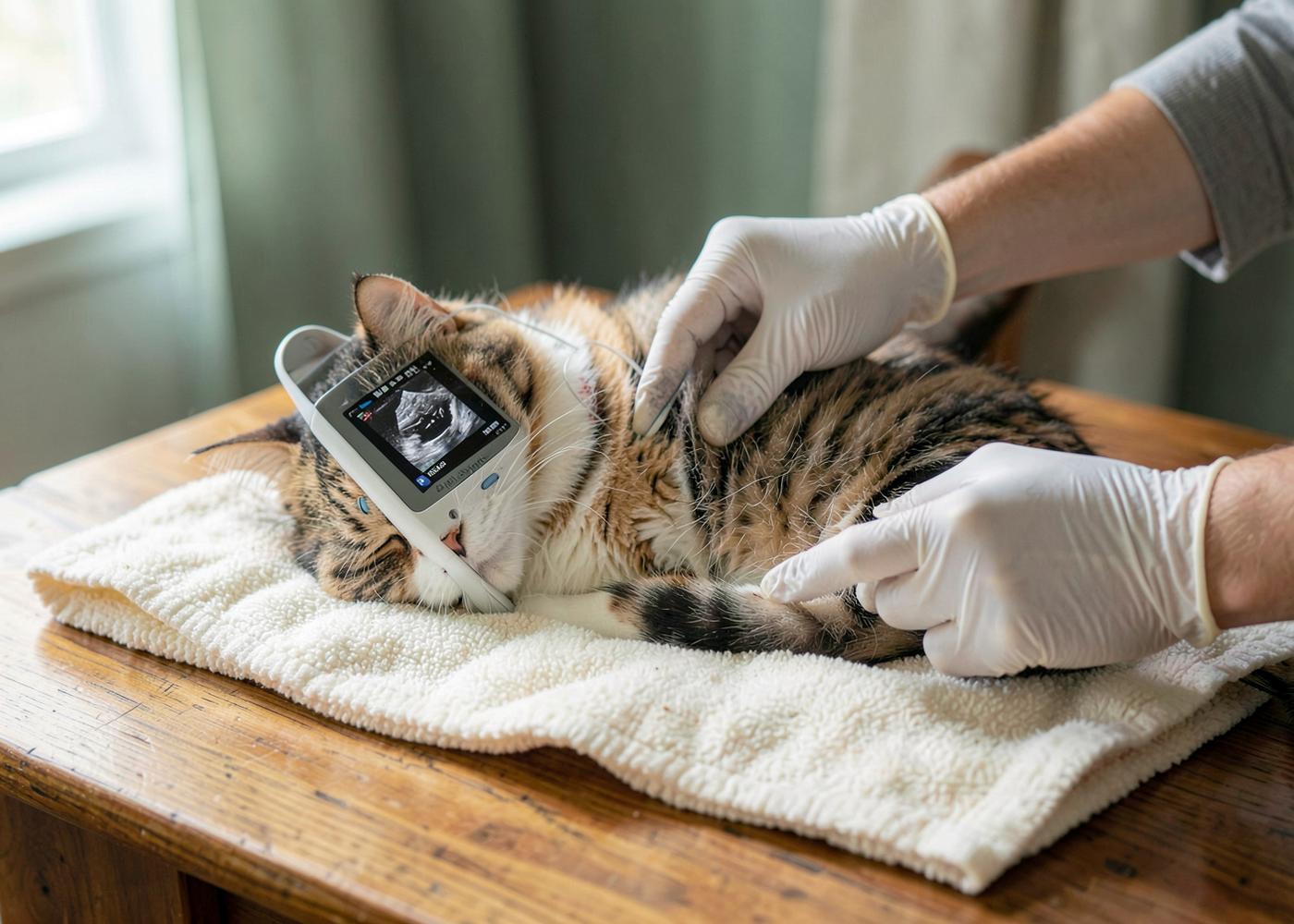 Mobiler Ultraschall bei einer entspannten Katze auf dem Wohnzimmertisch